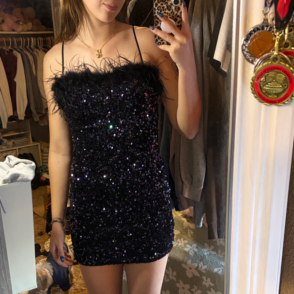 B Darlin Black Sequin Dress with Feather Detail